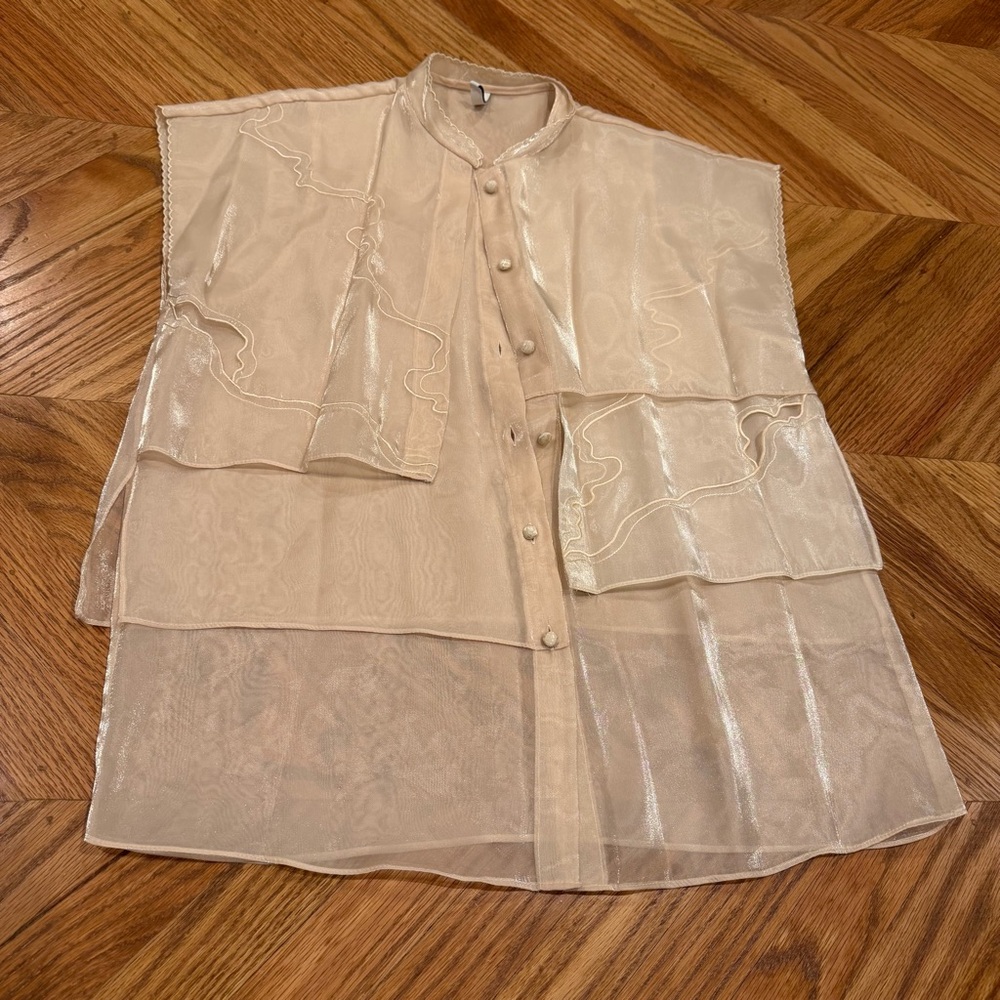 LALIN Sheer Satin Button Up Blouse Lightweight Layering Top Neutral Size S